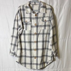 Plaid Shacket Jacket Overshirt Cream Black Button Front‎ Size L